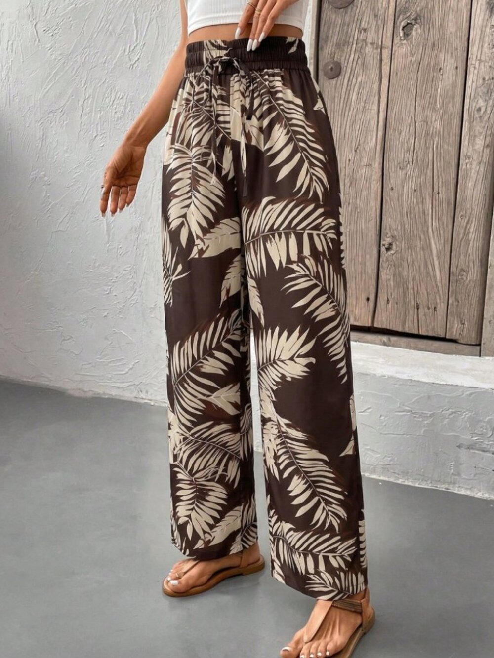 Brown Palm Leaf Print Wide Leg Pants with Drawstring Waist